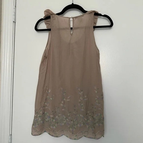 Alberto Makali 100% Silk Embroidered Ruffle Blouse Tan Boho Cottagecore Sz Small - Picture 2 of 6